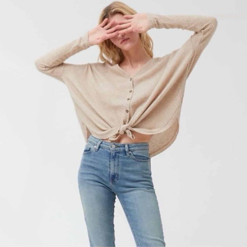 Urban Outfitters Out From Under JoJo Waffle Knit Thermal Tie Front Top Womens XS